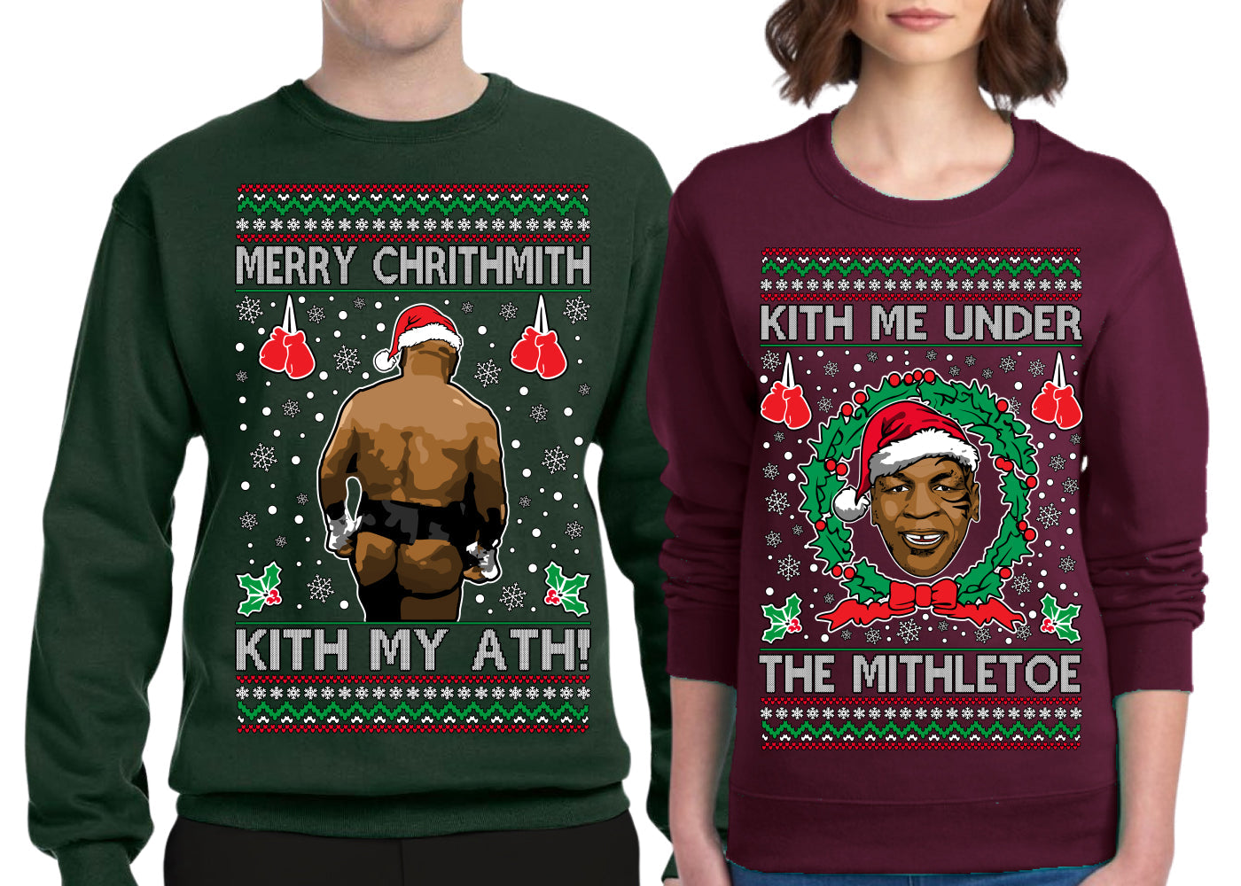 Kith Me Under the Mithletoe Funny Mike Tyson Fight Meme Classic Funny Couples Xmas Ugly Christmas Couples Sweater Crewneck Sweatshirt
