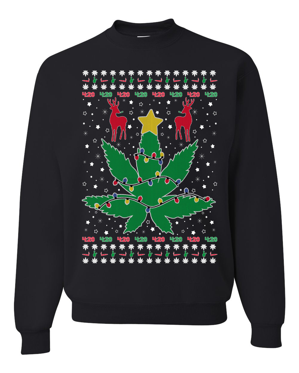 Weed Marijuana Lit Deer Pot Leaf Xmas Lights Christmas Unisex Crewneck Graphic Sweatshirt