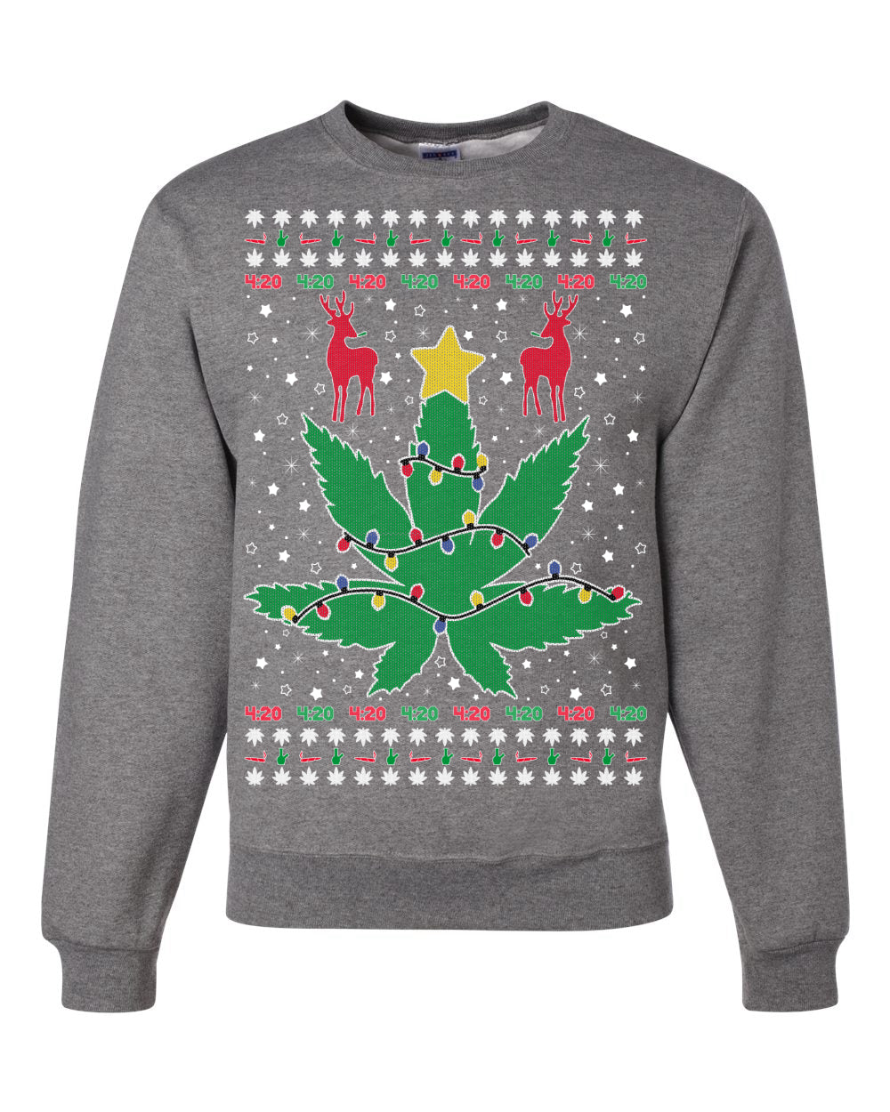 Weed Marijuana Lit Deer Pot Leaf Xmas Lights Christmas Unisex Crewneck Graphic Sweatshirt