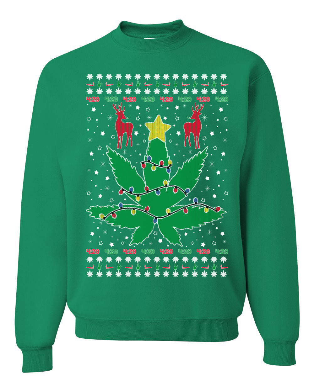 Weed Marijuana Lit Deer Pot Leaf Xmas Lights Christmas Unisex Crewneck Graphic Sweatshirt