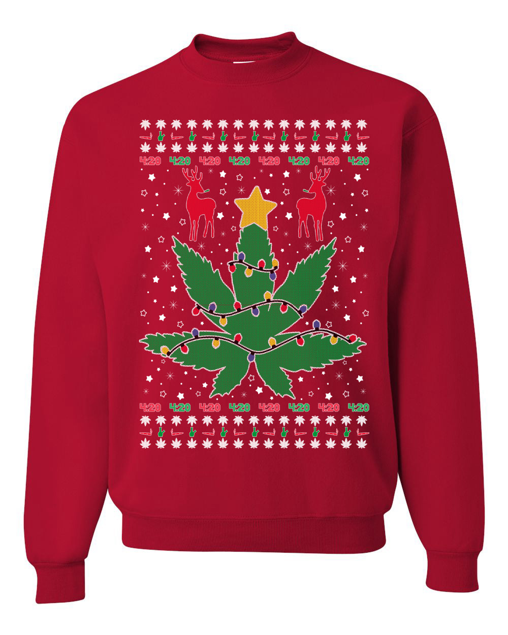 Weed Marijuana Lit Deer Pot Leaf Xmas Lights Christmas Unisex Crewneck Graphic Sweatshirt