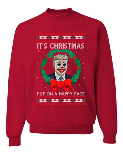Funny Donald Trump Clown Joker Put On a Happy Face Xmas Wreath Christmas Unisex Crewneck Graphic Sweatshirt