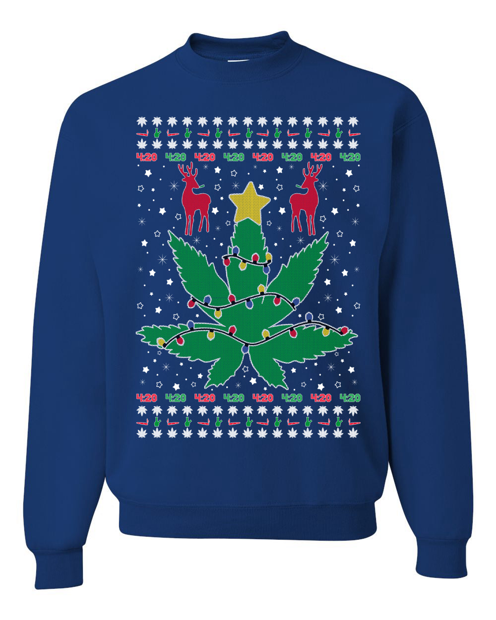 Weed Marijuana Lit Deer Pot Leaf Xmas Lights Christmas Unisex Crewneck Graphic Sweatshirt