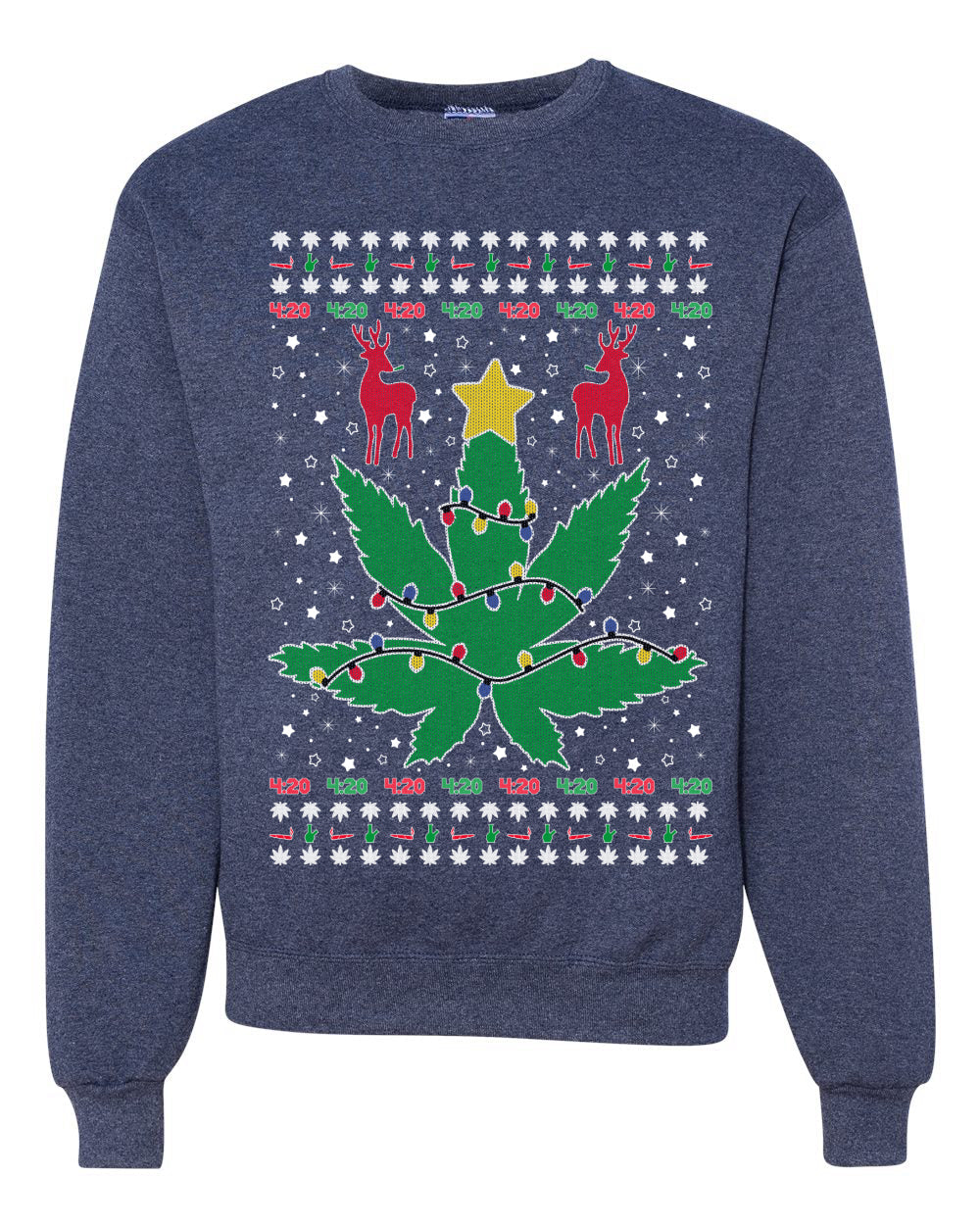 Weed Marijuana Lit Deer Pot Leaf Xmas Lights Christmas Unisex Crewneck Graphic Sweatshirt