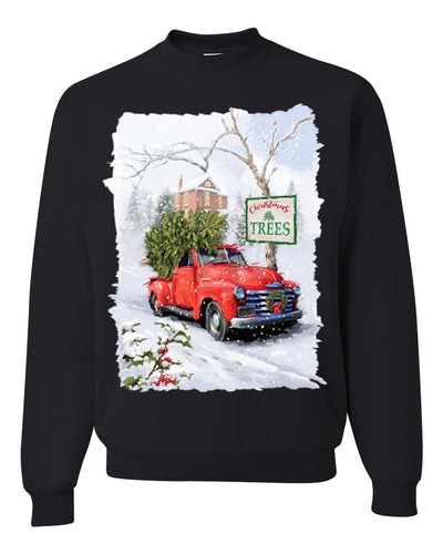 Winter Merry Christmas Trees Festive Red Truck Merry Christmas Unisex Crewneck Graphic Sweatshirt