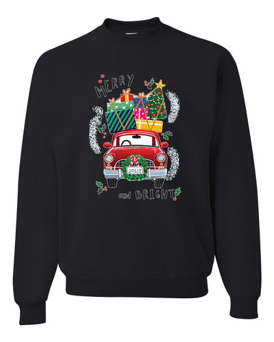 Merry and Bright Red Car Merry Christmas Unisex Crewneck Graphic Sweatshirt