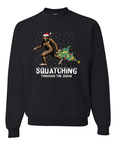 Squatching Through the Snow Bigfoot Merry Christmas Unisex Crewneck Graphic Sweatshirt