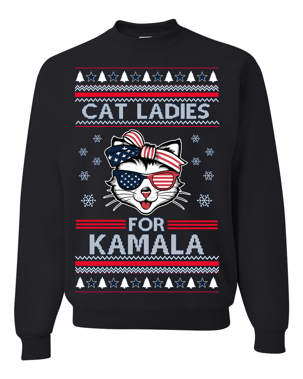 Cat Ladies for Kamala USA Glasses, Harris Tim Walz 2024 Cute USA Glasses Bow Ugly Christmas Sweater Crewneck Sweatshirt