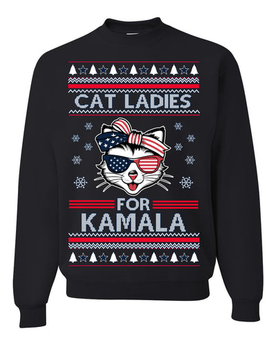 Cat Ladies for Kamala USA Glasses, Harris Tim Walz 2024 Cute USA Glasses Bow Ugly Christmas Sweater Crewneck Sweatshirt