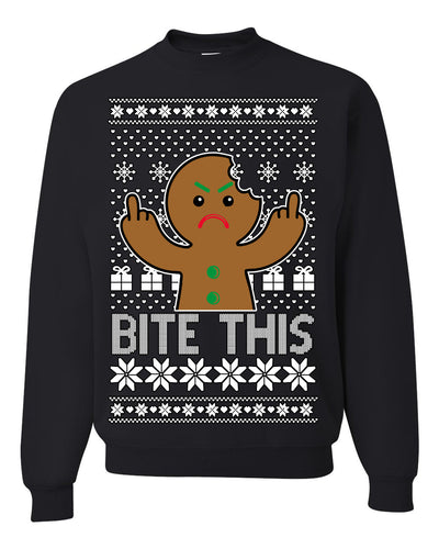 Bite This Funny Gingerbread Cookie Middle Finger Ugly Christmas Sweater Crewneck Sweatshirt