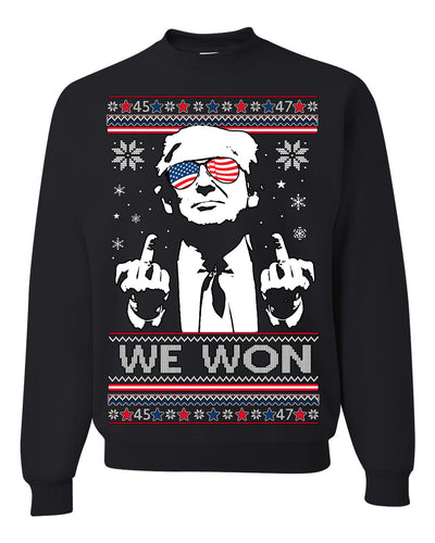 We Won Funny 45 47 President Trump Shot USA Glasses Ugly Christmas Sweater Crewneck Sweatshirt
