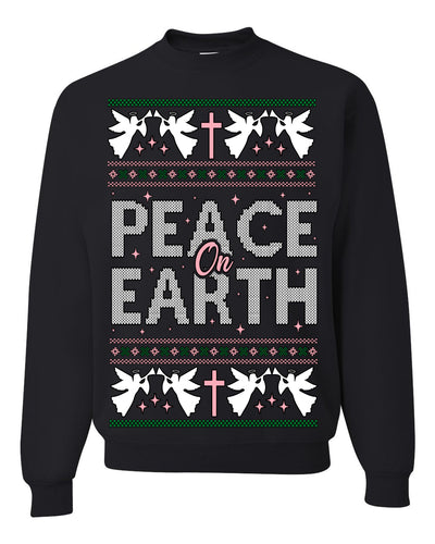 Peace On Earth Funny Xmas Cute Pink Angel Cross Ugly Christmas Sweater Crewneck Sweatshirt