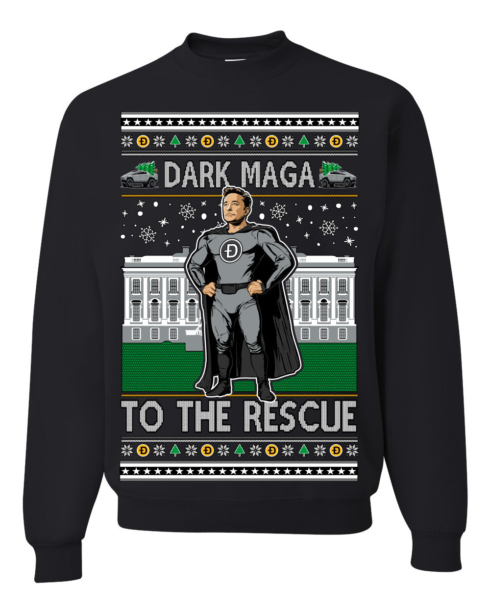 Dark MAGA to the Rescue Elon Superhero Doge Crypto Ugly Christmas Sweater Crewneck Sweatshirt