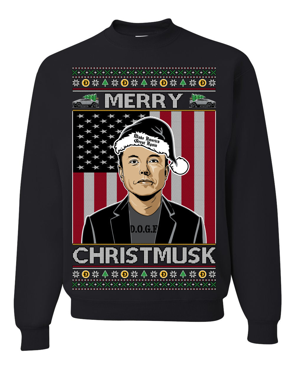 Merry Christmusk Funny Dark MAGA Santa Elon Doge Meme Ugly Christmas Sweater Crewneck Sweatshirts