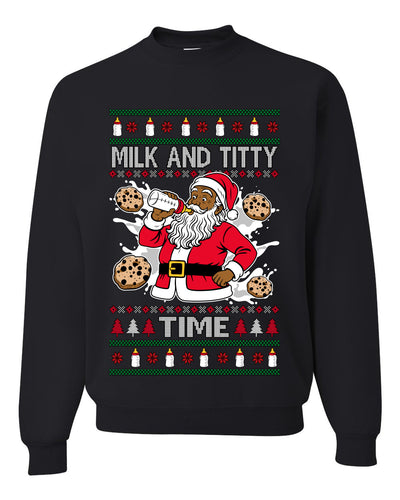 Milk And Titty Time Christmas Sweater, Unisex Ugly Christmas Crewneck Sweatshirts