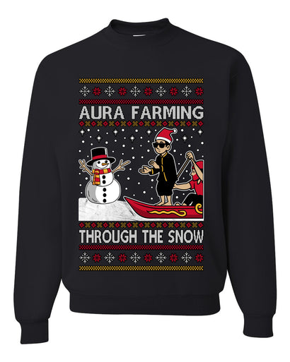 Aura Farming Through The Snow Meme, Unisex Ugly Christmas Sweater, Crewneck Sweatshirts