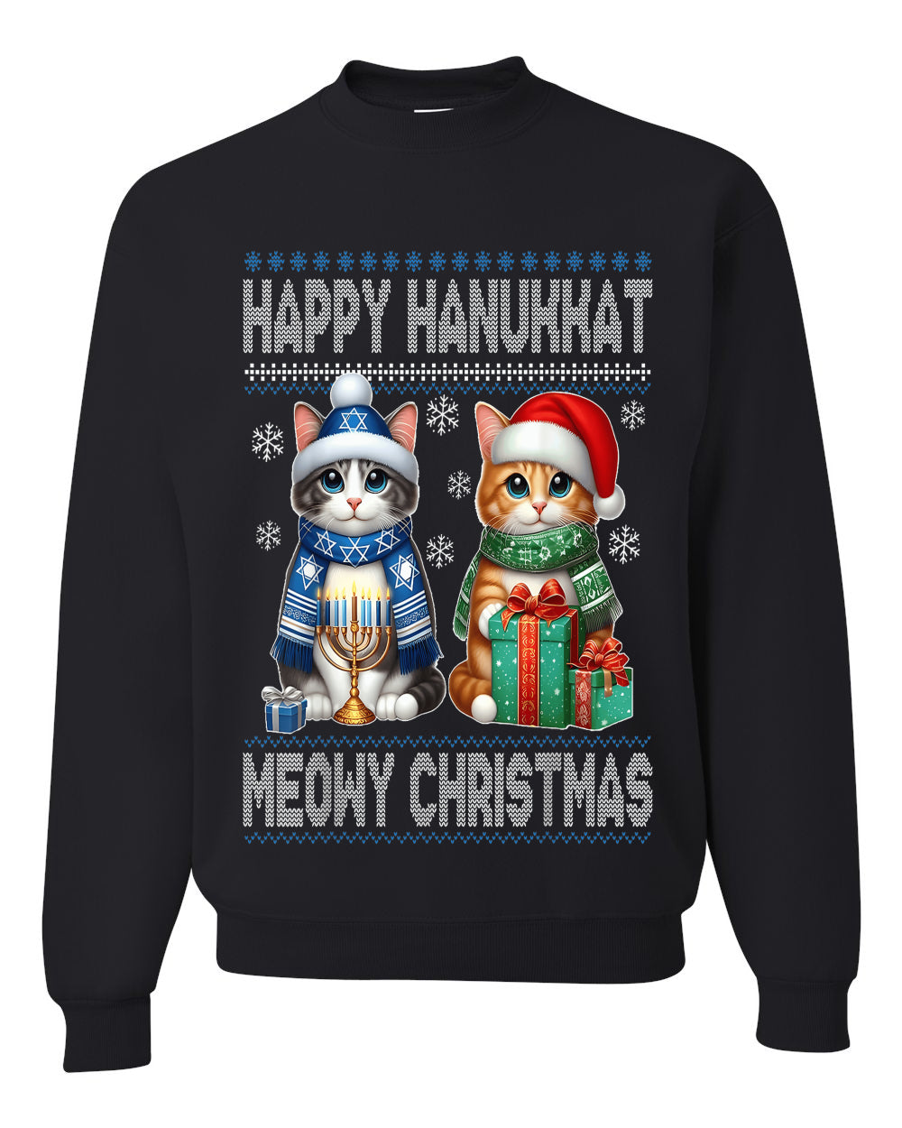 Happy Hanukkat Meowy Christmas, Unisex Ugly Christmas Sweater, Crewneck Sweatshirts