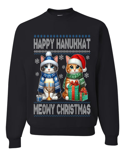 Happy Hanukkat Meowy Christmas, Unisex Ugly Christmas Sweater, Crewneck Sweatshirts