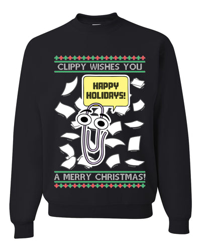 Clippy Wishes You A Merry Christmas Office Assistant, Unisex Ugly Christmas Sweater, Crewneck Sweatshirts