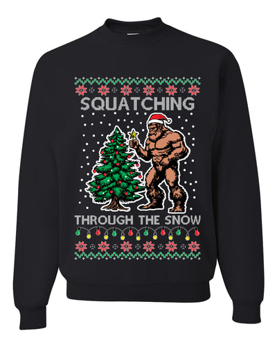Squatching Through The Snow Bigfoot, Unisex Ugly Christmas Sweater Crewneck Sweatshirts