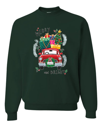 Merry and Bright Red Car Merry Christmas Unisex Crewneck Graphic Sweatshirt