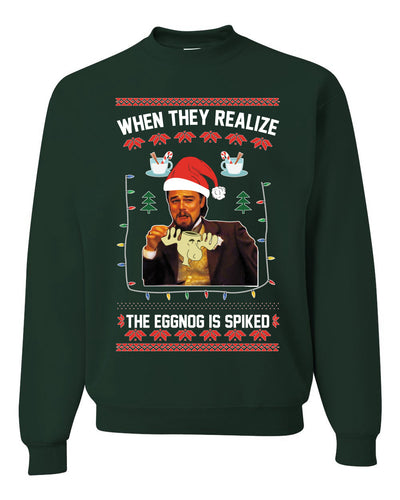 Leo Laughing Dank Meme When They Realize The Eggnog is Spiked Merry Ugly Christmas Sweater Unisex Crewneck Graphic Sweatshirt