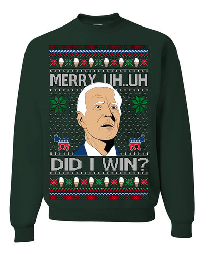 Merry Uh Did I Win? Funny Confused Joe Biden Election 2024 Ugly Christmas Sweater Crewneck Sweatshirt