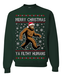 Merry Christmas Ya Filthy Humans Funny Sasquatch Bigfoot Ugly Christmas Sweater Crewneck Sweatshirt