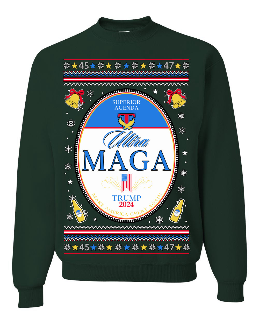 Ultra MAGA Superior Agenda Trump 2024 Funny Beer Logo Ugly Christmas Sweater Crewneck Sweatshirt