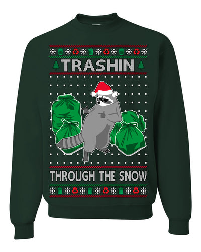 Trashin Through the Snow Funny Trash Panda Raccoon Meme Ugly Christmas Sweater Crewneck Sweatshirt