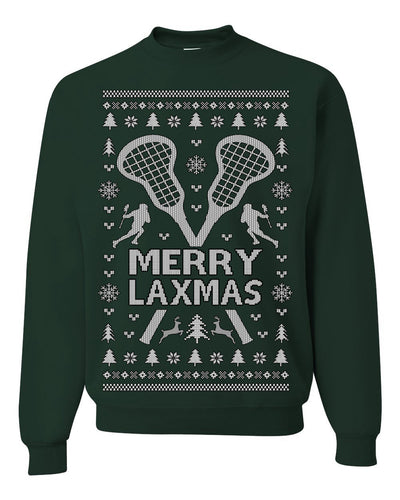 Merry Laxmas Funny Lacrosse Sports LAX Teen Sports Pun Ugly Christmas Sweater Crewneck Sweatshirt