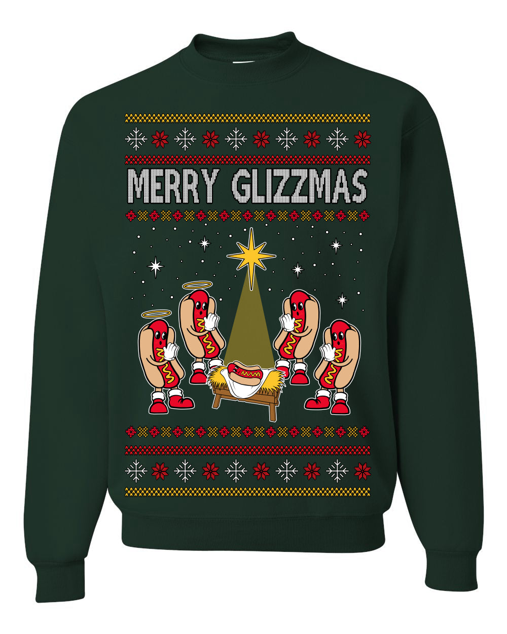 Merry Glizzmas, Funny Glizzy Hot Dog Baby Jesus Catholic Nativity, Fast Food Mustard Condiment Glizzys Humor Ugly Christmas Sweater Crewneck Sweatshirt