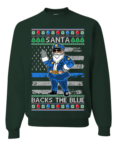 Santa Backs The Blue Pro Police Santa Claus Ugly Christmas Sweater Unisex Crewneck Sweatshirt