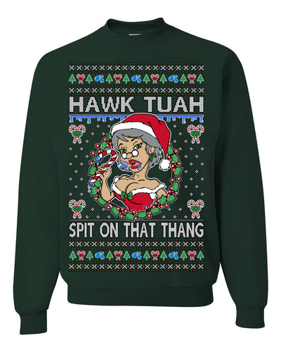 Hawk Tuah Spit On That Thang Mrs Claus Funny Meme Ugly Christmas Sweater