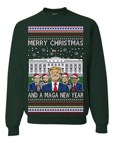 Merry Christmas and a MAGA New Year 2025 Ugly Christmas Sweater Crewneck Sweatshirts