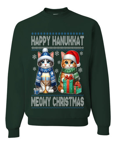 Happy Hanukkat Meowy Christmas, Unisex Ugly Christmas Sweater, Crewneck Sweatshirts