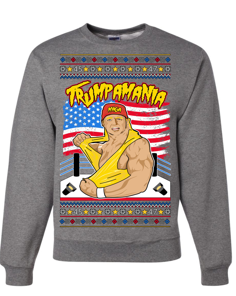 Trumpamania Funny Hogan 80s USA Wrestling Sports Parody Ugly Christmas Sweater Crewneck Sweatshirt