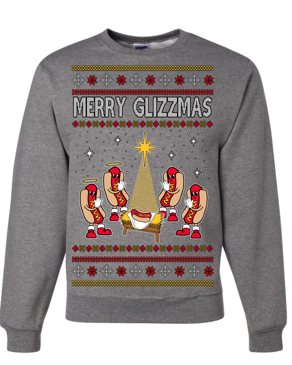 Merry Glizzmas, Funny Glizzy Hot Dog Baby Jesus Catholic Nativity, Fast Food Mustard Condiment Glizzys Humor Ugly Christmas Sweater Crewneck Sweatshirt