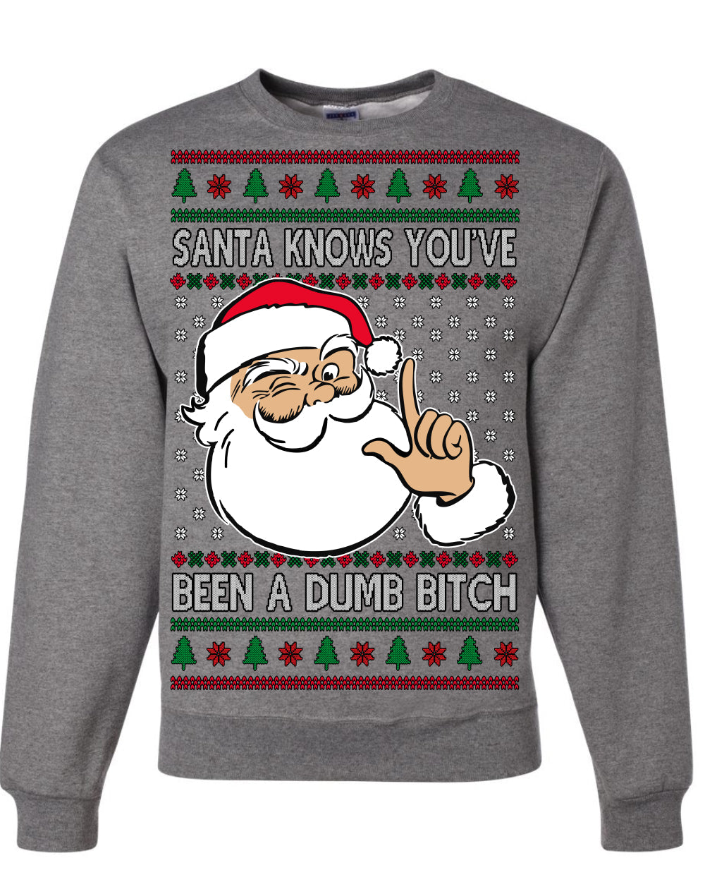 Santa Knows You've Been a Dumb Bitch Funny Vulgar Dirty Ugly Christmas Sweater Crewneck Sweatshirt