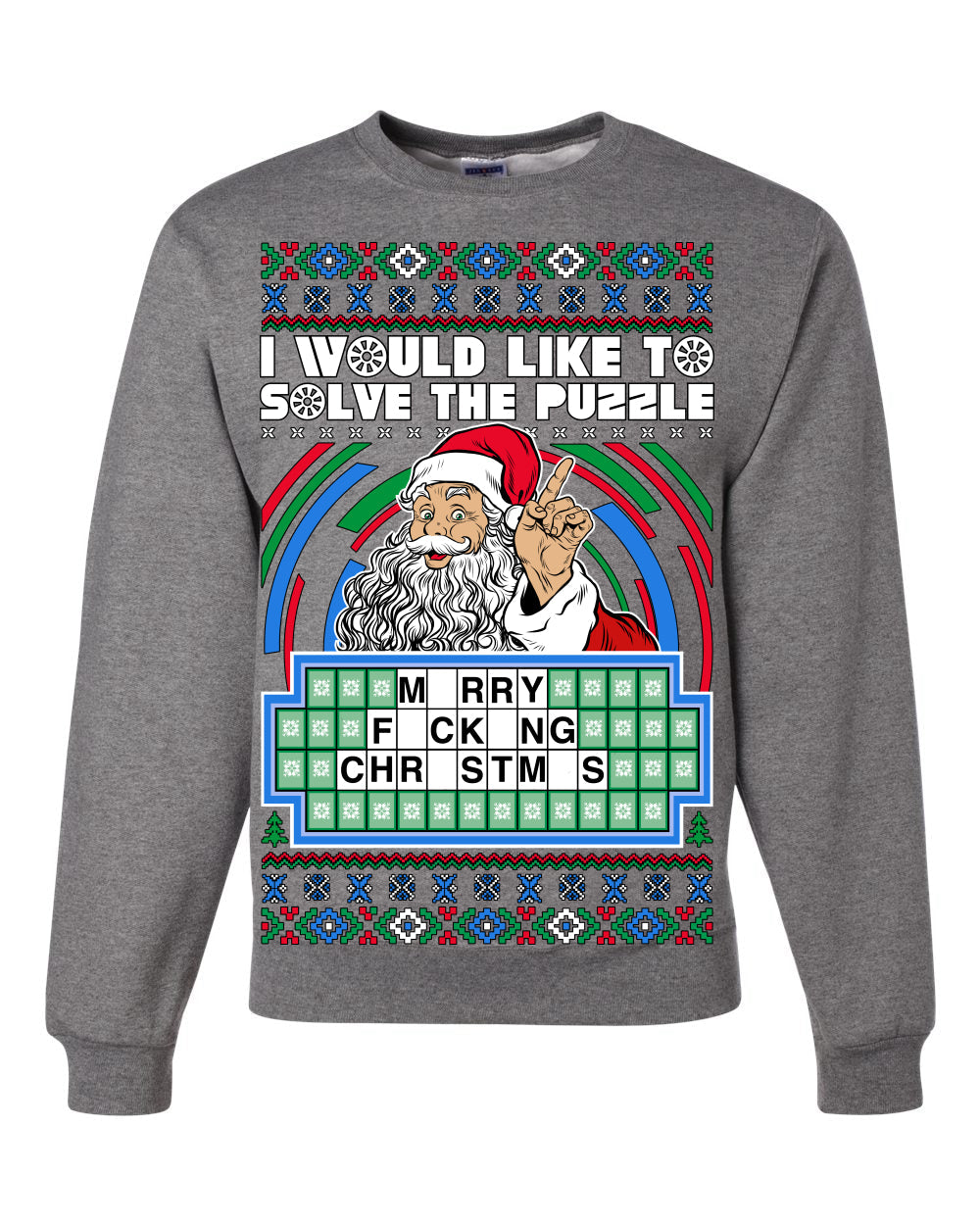 Santa Game Show I'd Like To Solve the Puzzle Wheel Ugly Christmas Sweater Unisex Crewneck Sweatshirt