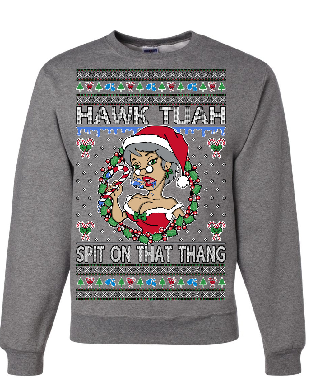 Hawk Tuah Spit On That Thang Mrs Claus Funny Meme Ugly Christmas Sweater