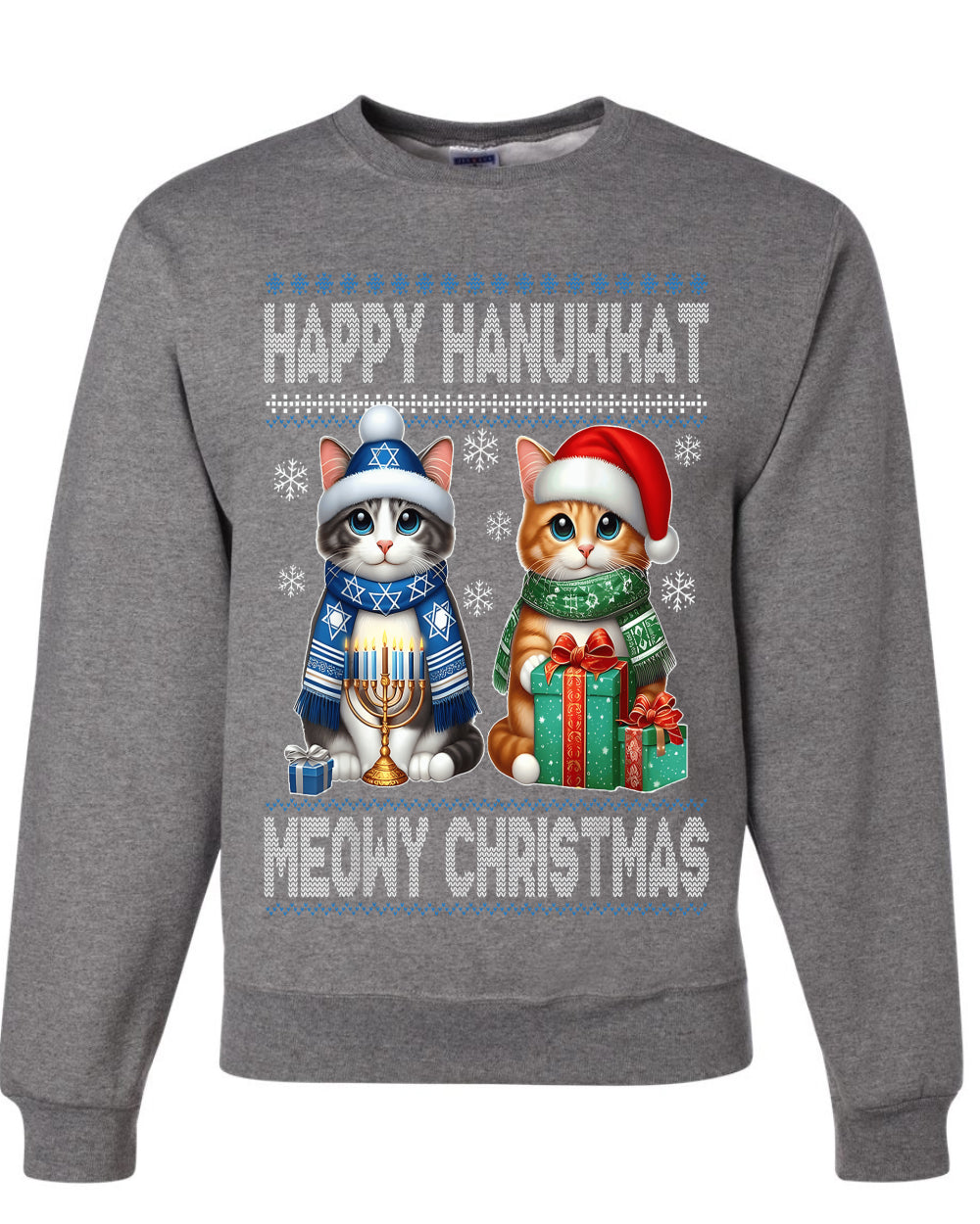 Happy Hanukkat Meowy Christmas, Unisex Ugly Christmas Sweater, Crewneck Sweatshirts