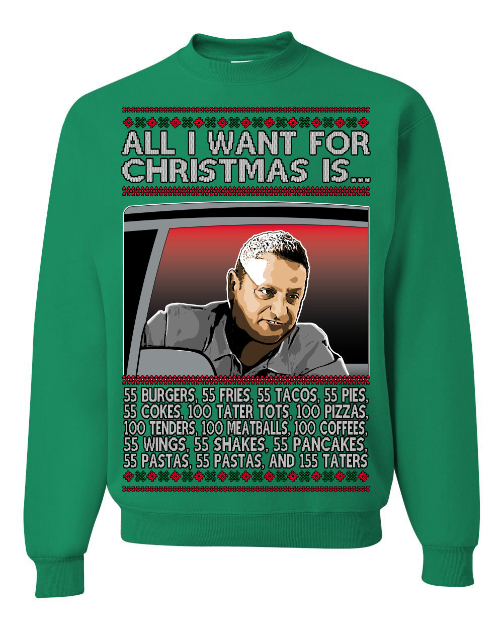 All I Want for Christmas Is 55 Burgers 55 Fries 55 Tacos 55 Pies, Funny Viral I Think Tim TV Show Gen Z Alpha Brainrot Meme Ugly Christmas Sweater Crewneck Sweatshirt
