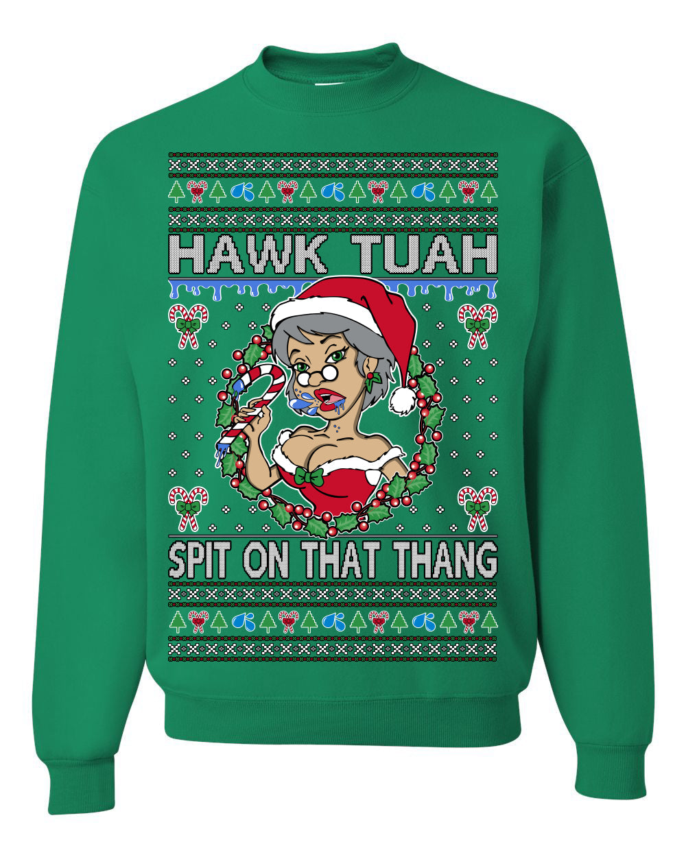Hawk Tuah Spit On That Thang Mrs Claus Funny Meme Ugly Christmas Sweater