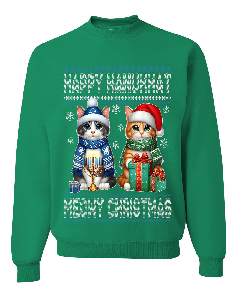 Happy Hanukkat Meowy Christmas, Unisex Ugly Christmas Sweater, Crewneck Sweatshirts