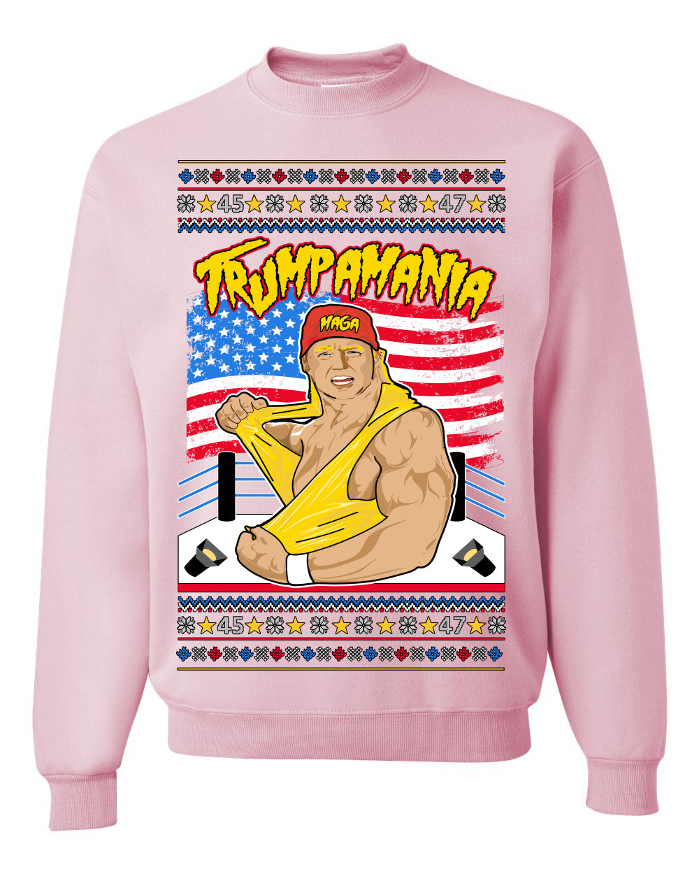 Trumpamania Funny Hogan 80s USA Wrestling Sports Parody Ugly Christmas Sweater Crewneck Sweatshirt