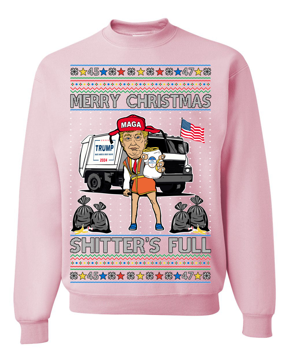 Donald Trump Merry Christmas Shitter's Full Cousin Eddie Ugly Christmas Sweater Crewneck Sweatshirt