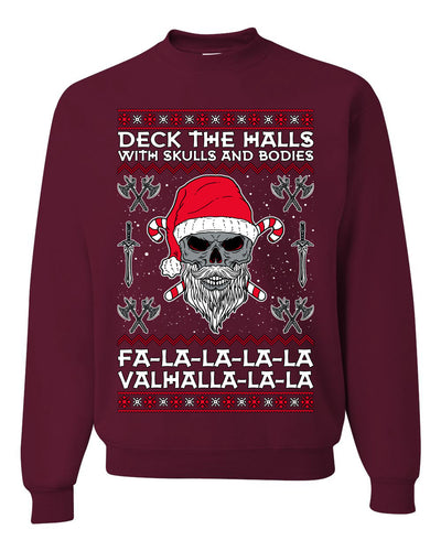 Valhalla Deck The Halls With Skulls & Bodies Ugly Christmas Sweater Unisex Crewneck Sweatshirt
