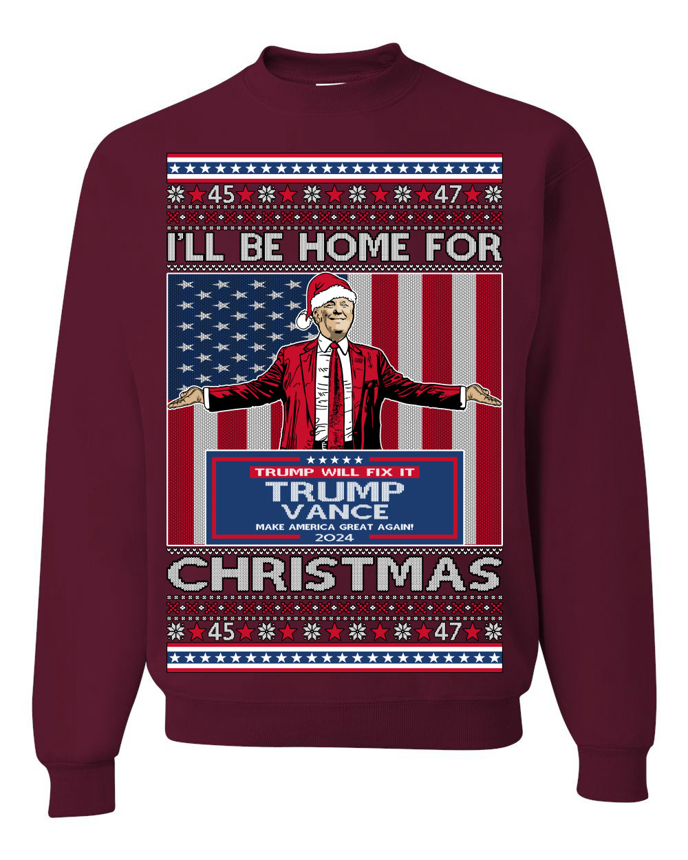 I'll Be Home for Christmas USA Trump 2024, MAGA Make America Great Again Santa Speech Ugly Christmas Sweater Sweaters Crewneck Sweatshirts