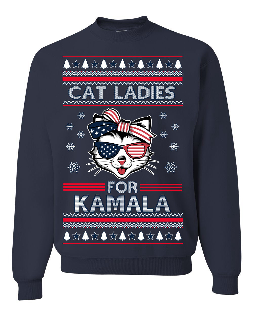 Cat Ladies for Kamala USA Glasses, Harris Tim Walz 2024 Cute USA Glasses Bow Ugly Christmas Sweater Crewneck Sweatshirt